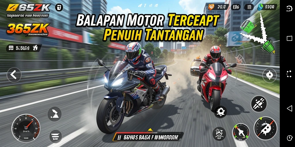 Tampilan antarmuka balapan motor yang dinamis dan menarik.